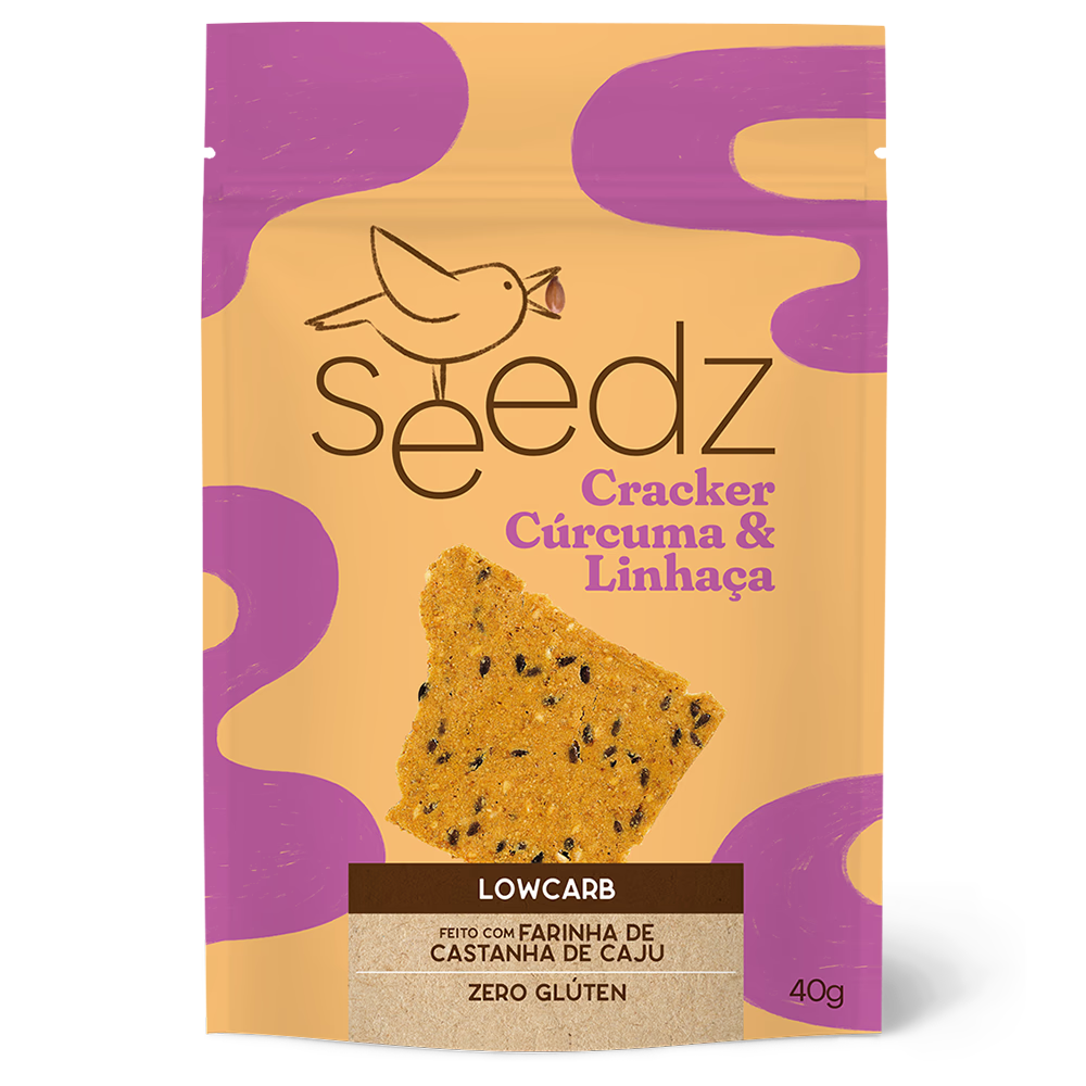Cracker de Cúrcuma e Linhaça seedz, sem glúten, snack salgado funcional