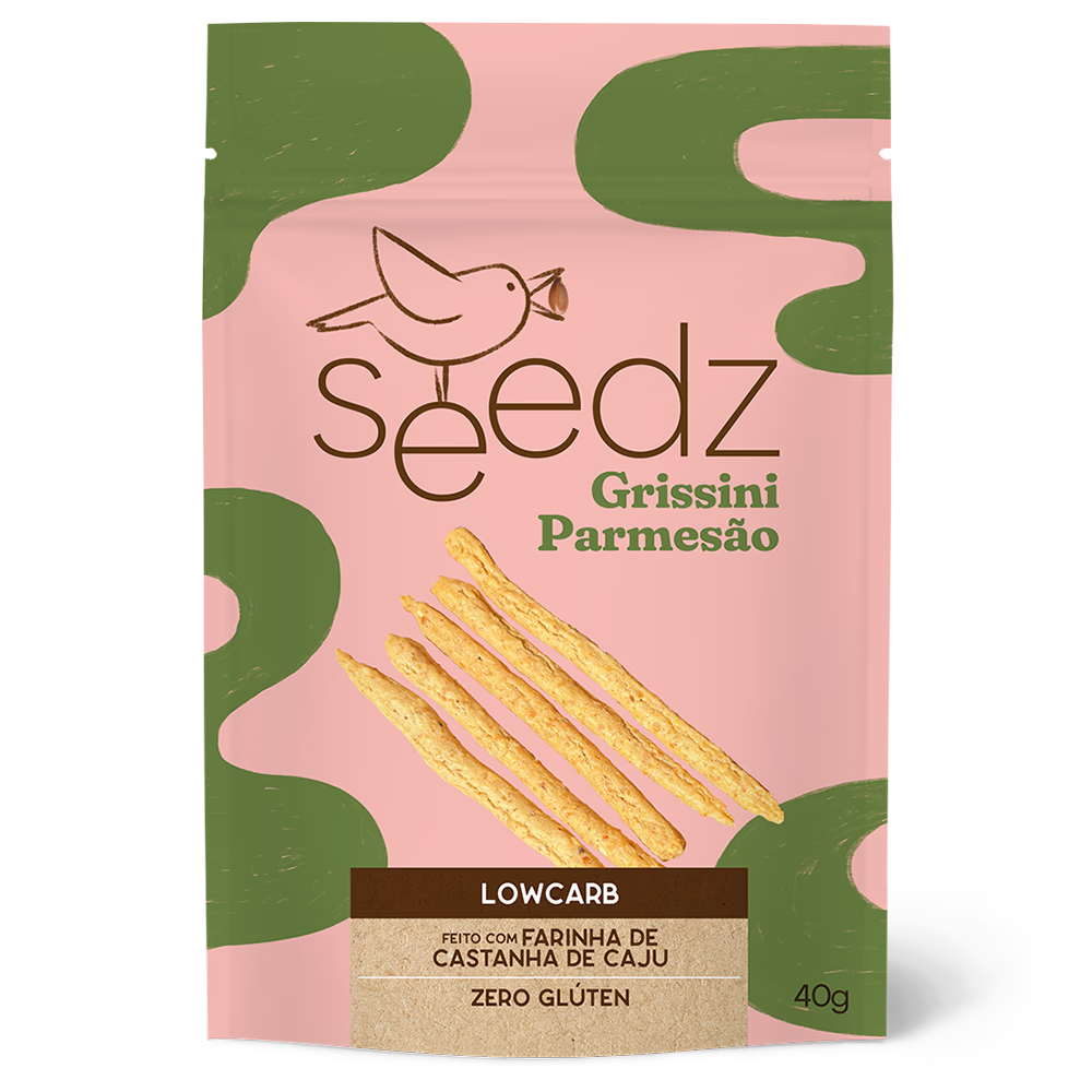Grissini Parmesão seedz com lactose, palito salgado crocante para acompanhar