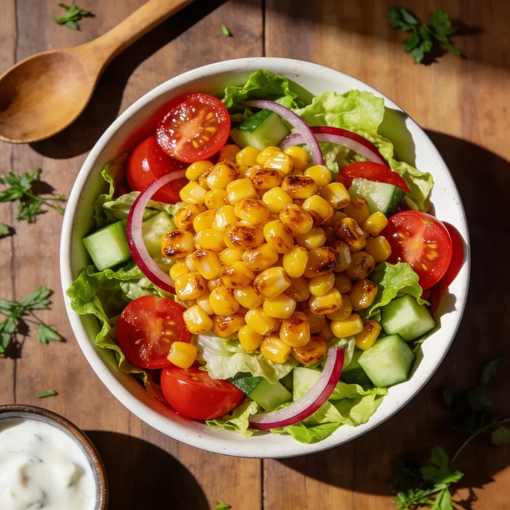 Salada com milho tostado na airfryer: receita
