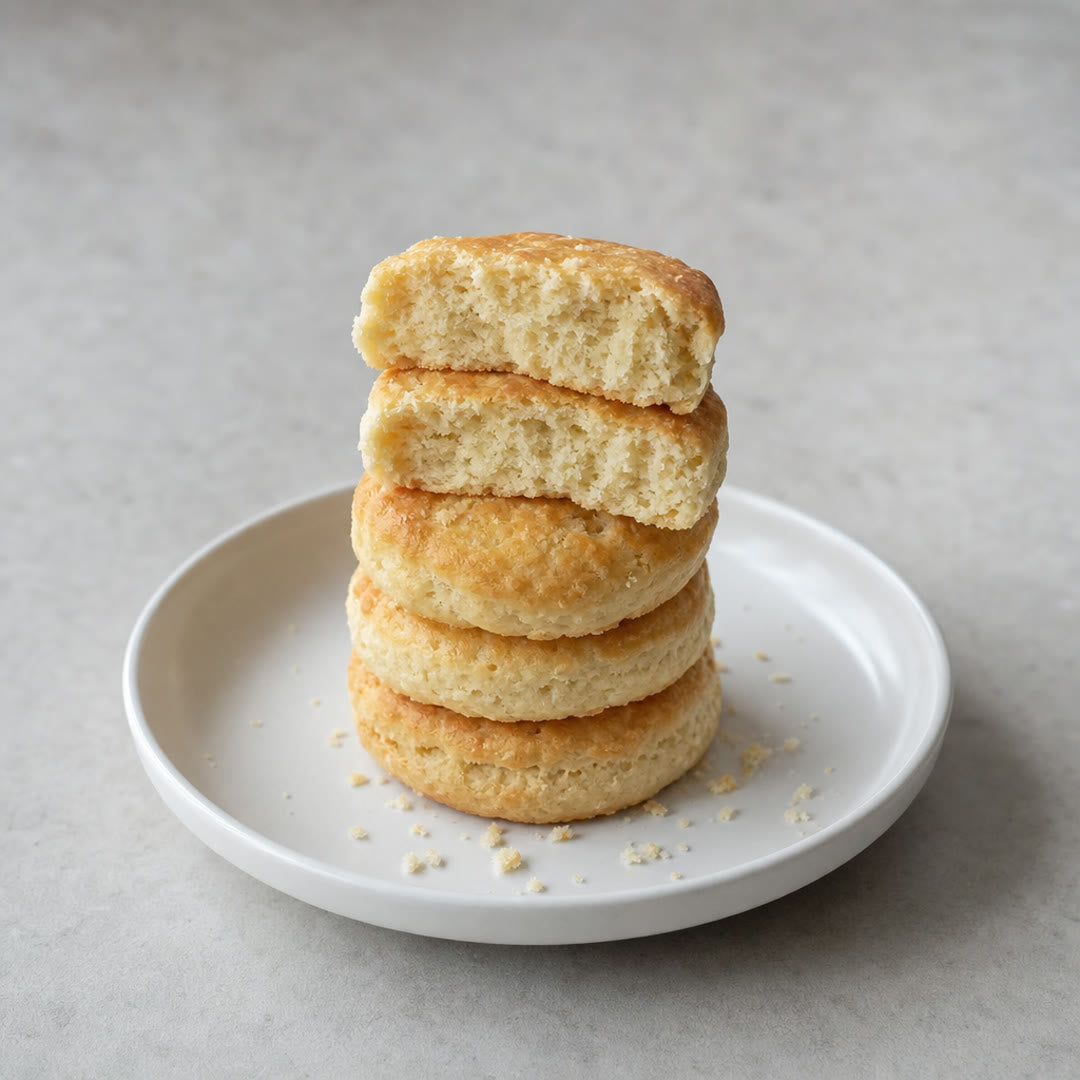 Pilha de biscoitos proteicos caseiros num pratinho branco, com o de cima partido ao meio mostrando o miolo denso