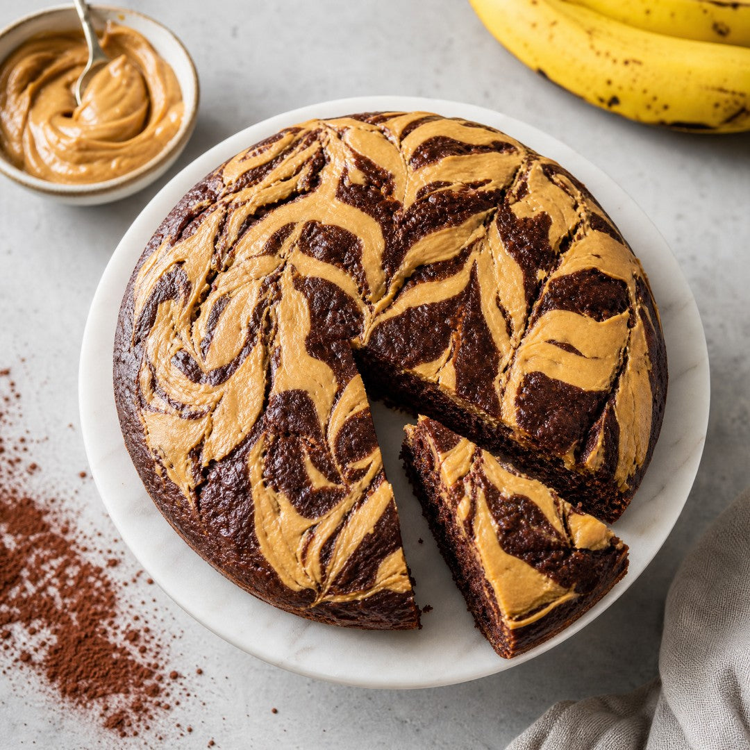 Bolo de banana proteico com manteiga de amendoim marmorizada, cortado, sobre prato branco