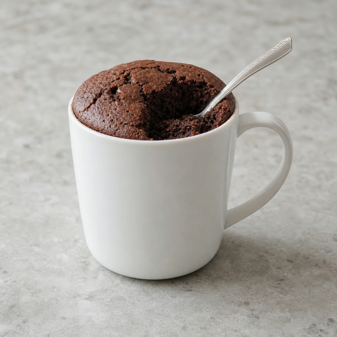 Caneca branca com bolo de chocolate crescido acima da borda, com uma colherada tirada mostrando o miolo úmido