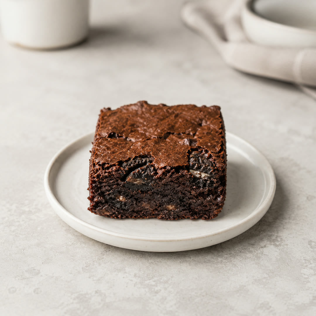 Um pedaço de brownie no prato branco, mostrando o miolo úmido com pedaços de biscoito