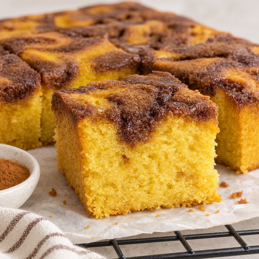 Quadrado de bolo cinnamon roll vegano puxado à frente do resto do bolo, com o miolo amarelo e o topo marmorizado escuro de canela entrando pelo alto da fatia, sobre papel manteiga e grade preta, ao lado de uma tigelinha de canela em pó