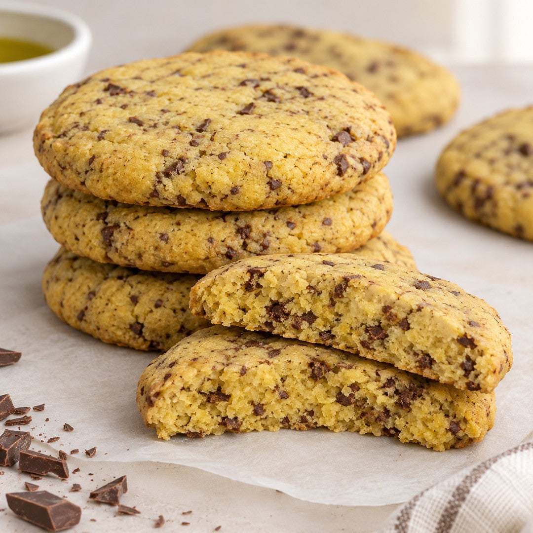 Pilha de três cookies de azeite e chocolate, grossos e craquelados, com um cookie partido ao meio na frente mostrando o miolo amarelo e os pedacinhos de chocolate, ao lado de uma tigelinha de azeite