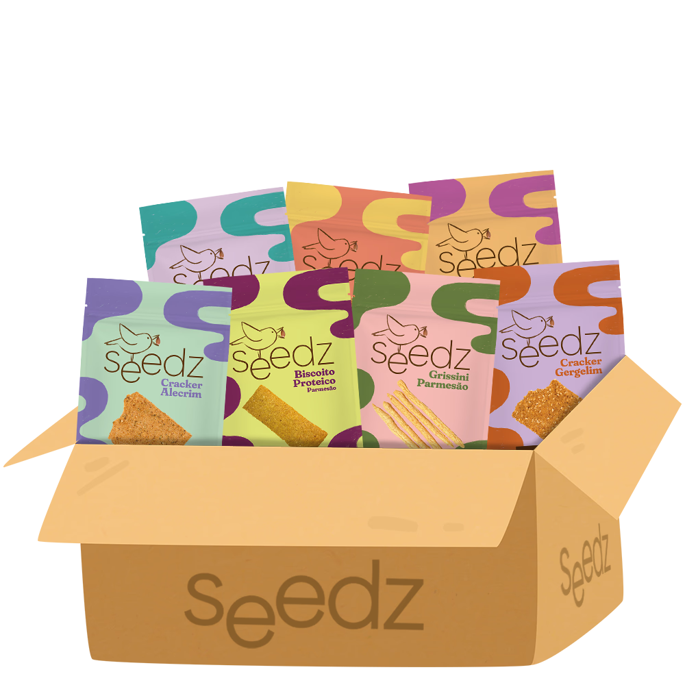Kit com os sete biscoitos salgados seedz, todos sem glúten e sem lactose