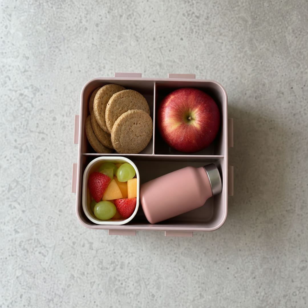Lancheira escolar aberta vista de cima com biscoitos, maçã, potinho branco de fruta picada e garrafinha