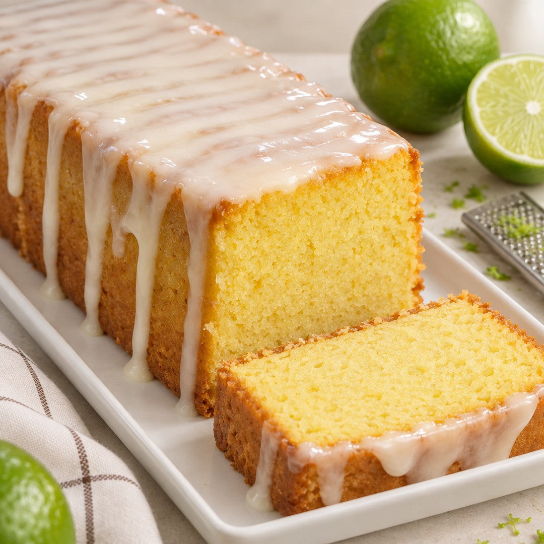 Bolo de limão vegano com cobertura branca escorrendo pelas laterais e uma fatia cortada à frente, com limões taiti ao lado