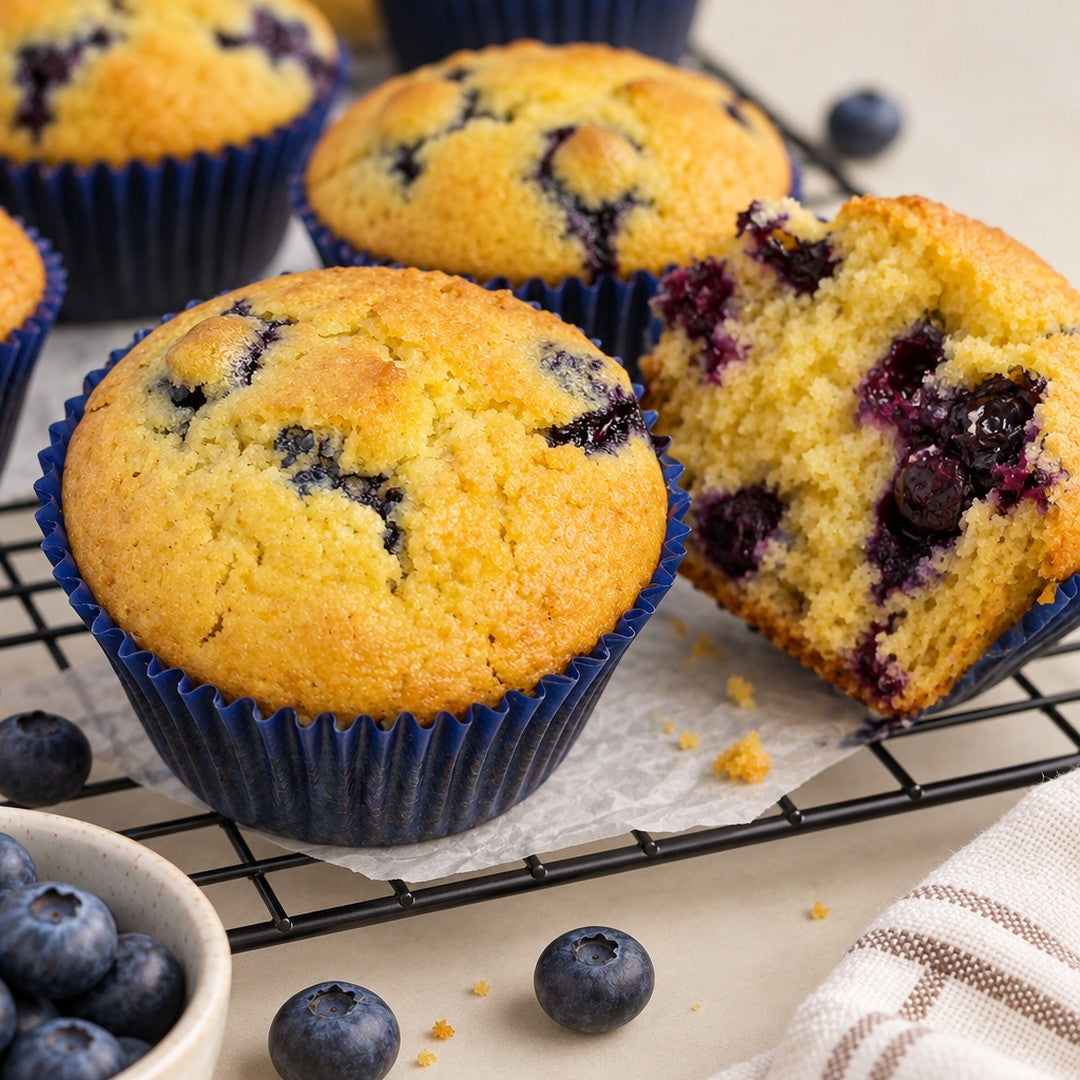 Muffin de mirtilo de topo dourado com mirtilos estourados, em forminha azul-marinho sobre a grade, ao lado de outro partido ao meio mostrando o miolo amarelo e fofo, com mirtilos frescos em volta