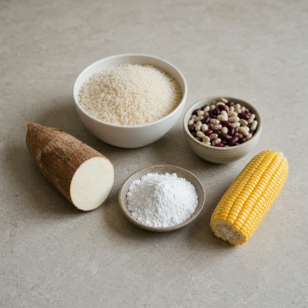 Arroz, feijão, mandioca, goma de tapioca e milho reunidos na bancada, alimentos sem glúten por natureza