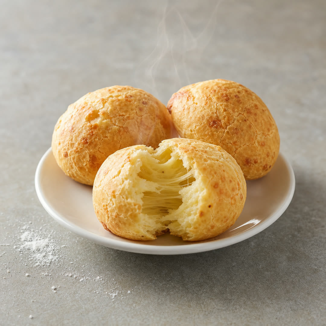 Três pães de queijo assados num pratinho branco, com o da frente aberto mostrando o interior claro e elástico