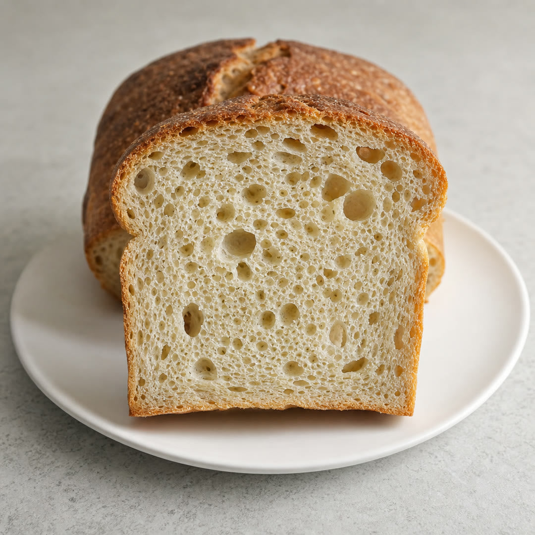 Fatia grossa de pão sem glúten em pé no prato branco, com o miolo alveolado à mostra e o restante do pão atrás