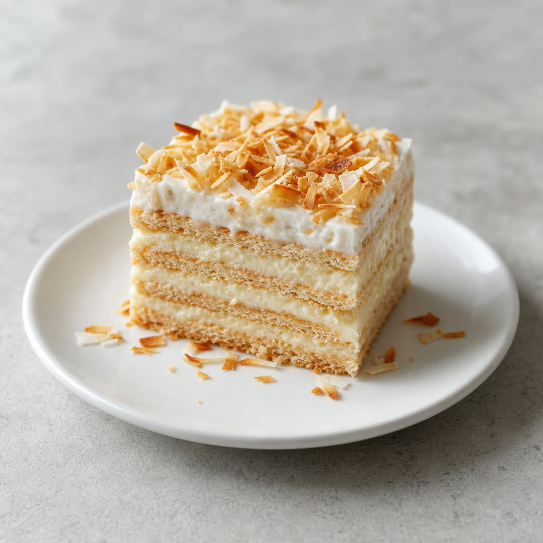 Porção de pavê de coco no pratinho branco, com as camadas de biscoito e creme visíveis no corte e coco tostado por cima