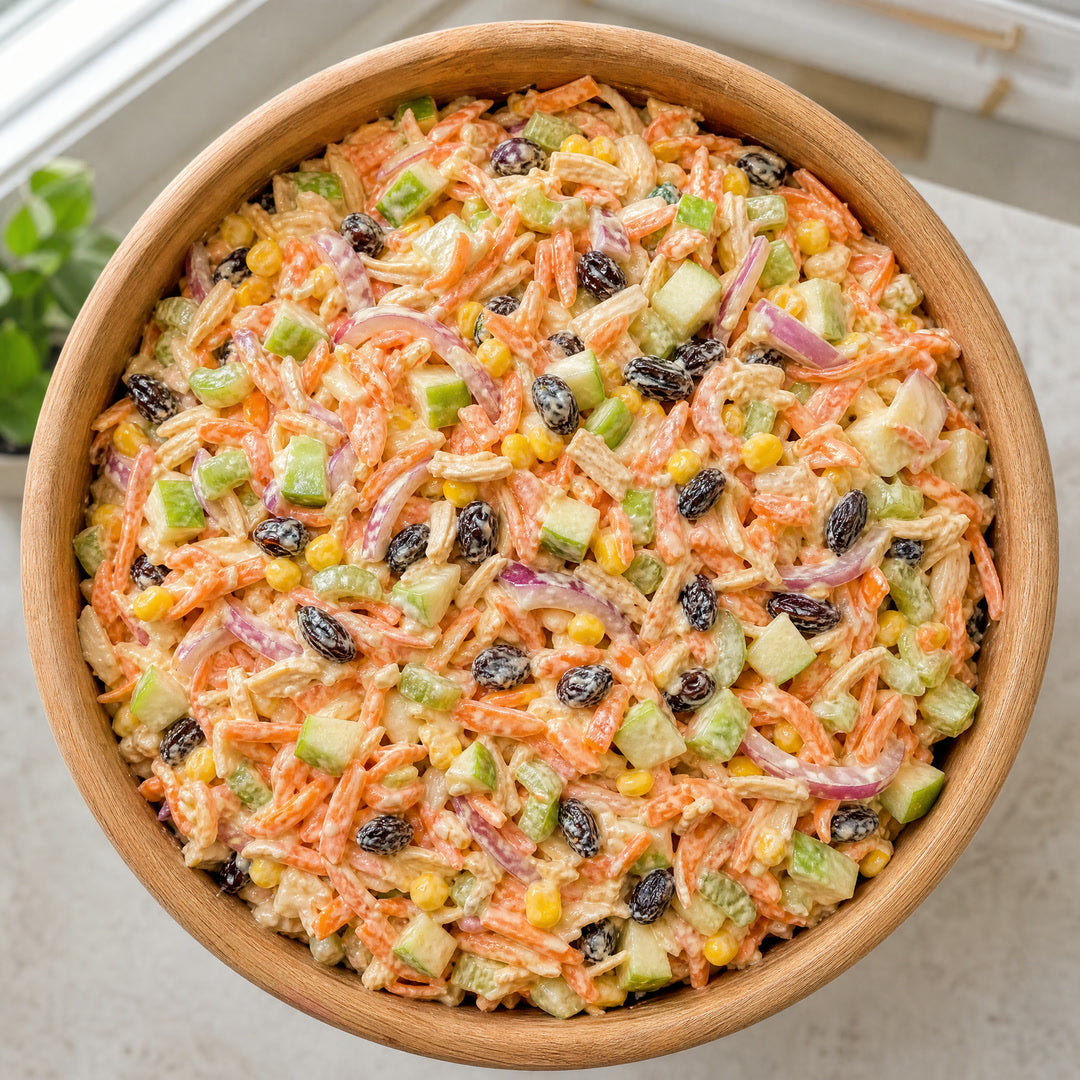 Salpicão vegano cremoso numa tigela de madeira, com cenoura ralada, maçã verde, milho, cebola roxa e uvas-passas