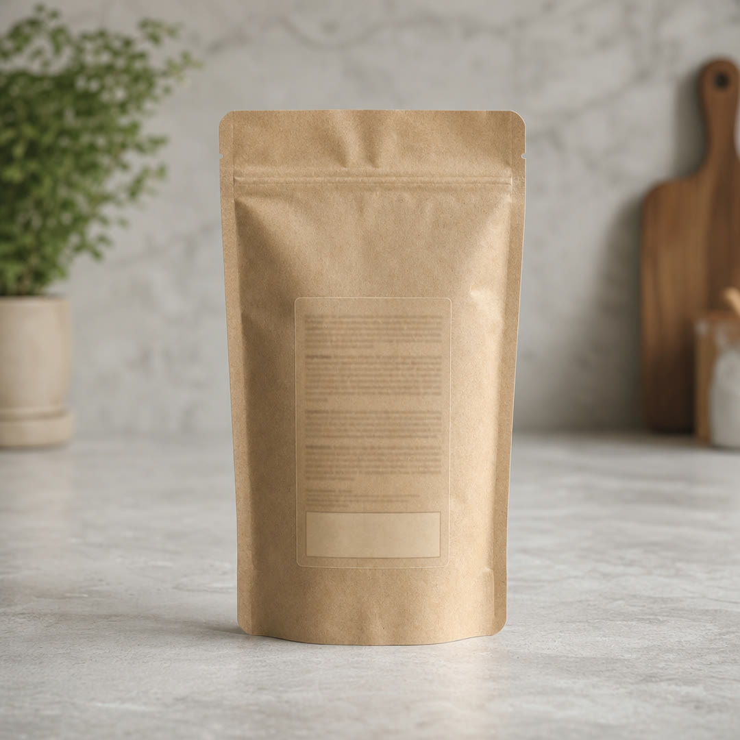 Verso de uma embalagem de alimento sem marca, com a área da lista de ingredientes e da advertência de alergênicos