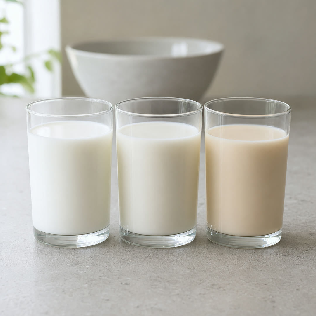 Três copos de vidro lado a lado com leite de vaca, leite zero lactose e leite vegetal, com tons ligeiramente diferentes