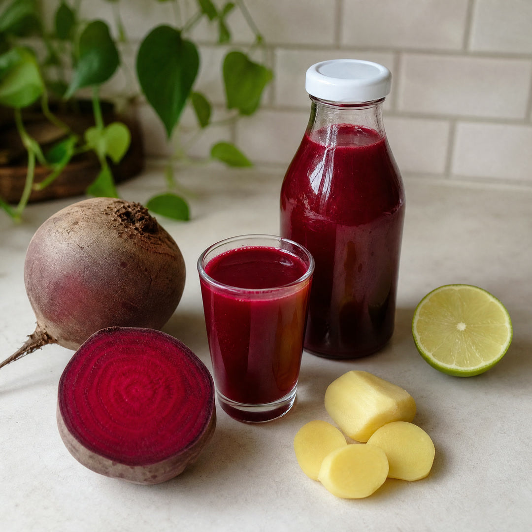 Shot de beterraba e gengibre num copo pequeno, ao lado da garrafa, da beterraba cortada e do gengibre fresco