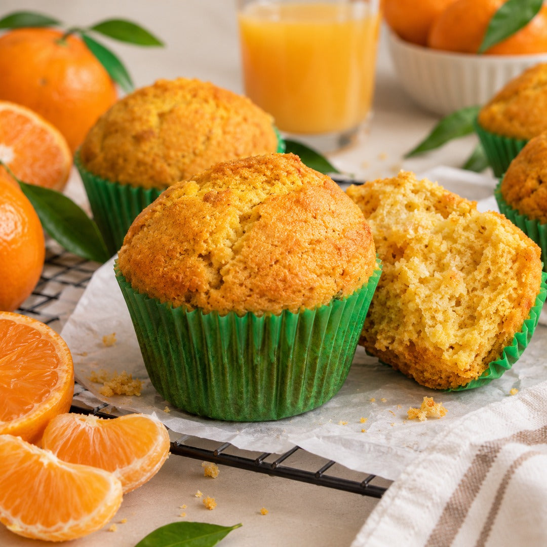 Muffin de tangerina de topo alto, rachado e dourado, em forminha de papel verde, ao lado de outro partido ao meio mostrando o miolo amarelo, com tangerinas em volta