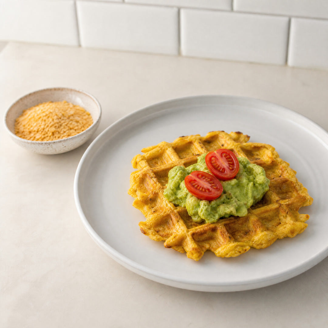 Waffle de milho dourado em prato branco, coberto com guacamole e dois tomates cereja