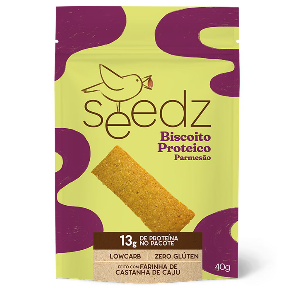 Biscoito Proteico Parmesão seedz com 13g de proteína e lactose, sem glúten, snack pós-treino