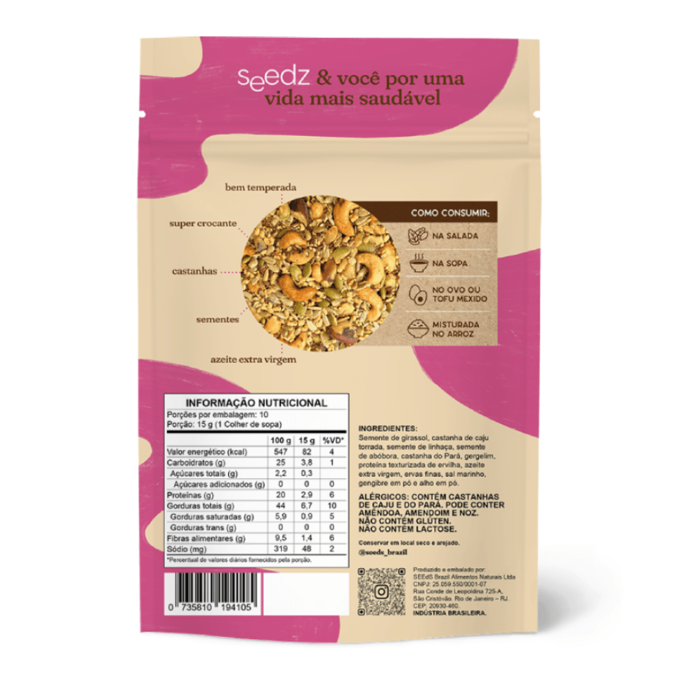 Pacote de Granola Salgada seedz, mix salgado de castanhas e sementes