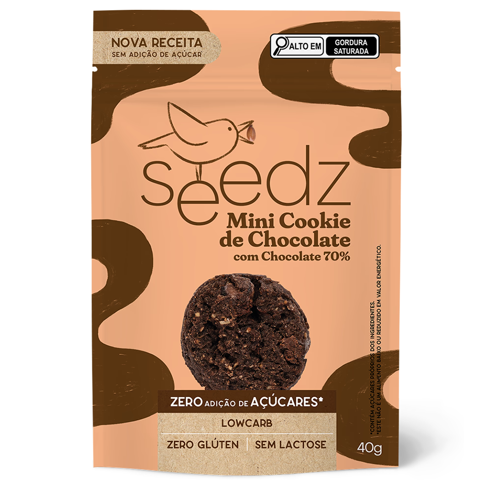 Mini Cookie de Chocolate 70% seedz, sem glúten e sem açúcar adicionado, biscoito doce