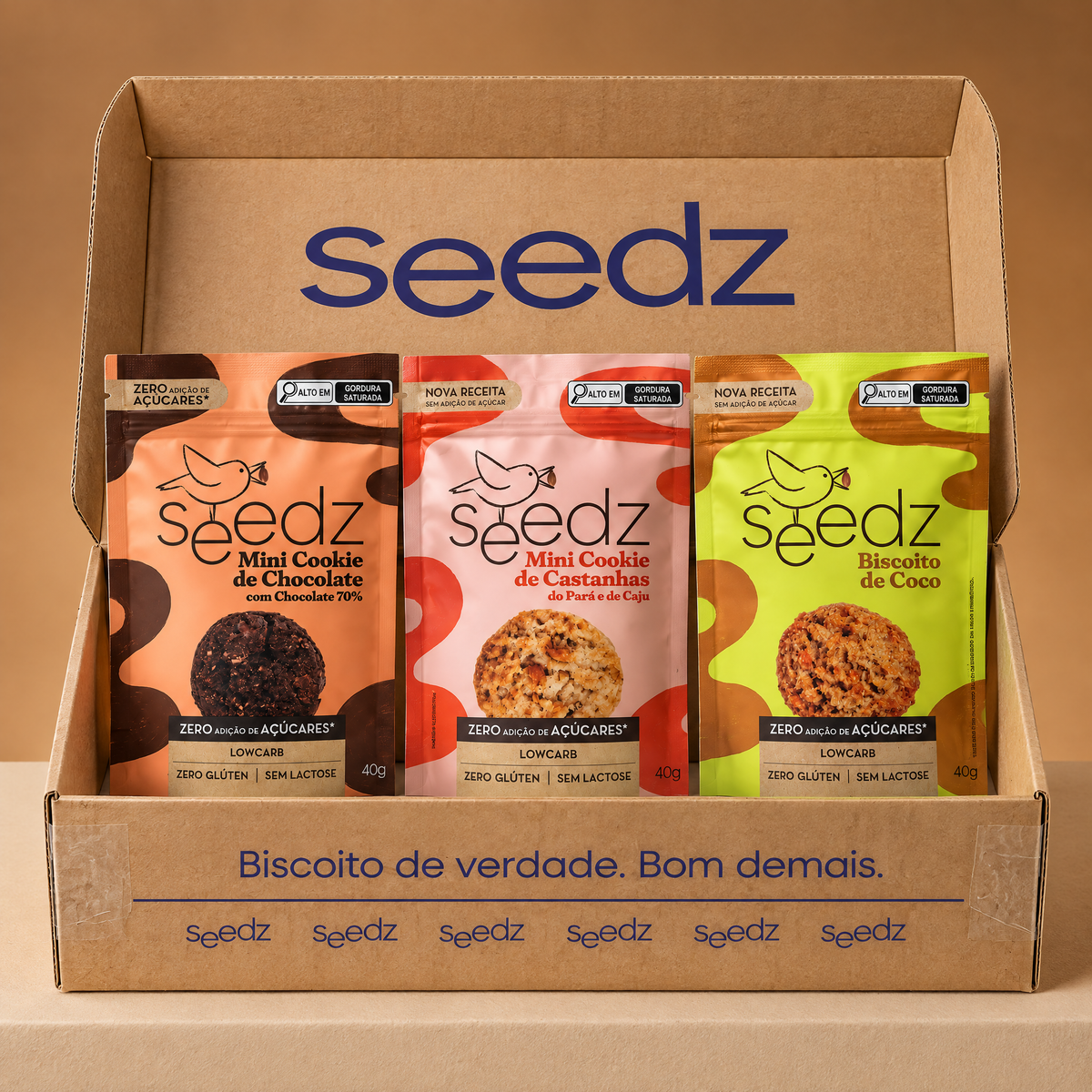 Kit Degustacao Doces seedz aberto, um pacote de cada um dos 3 sabores
