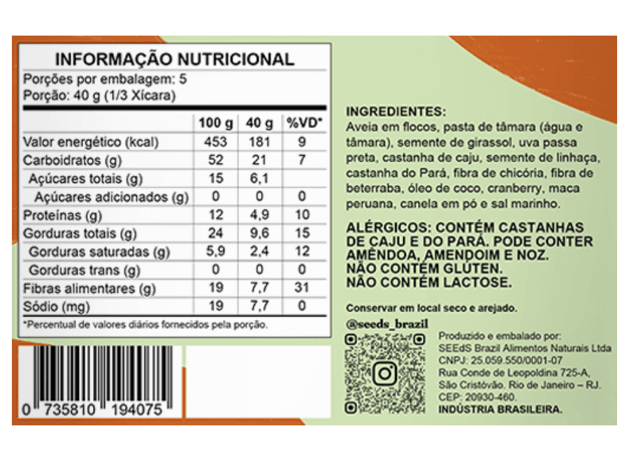 Tabela nutricional da Granola Original seedz, valores por porção