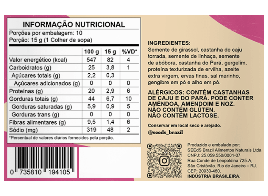 Tabela nutricional da Granola Salgada seedz, valores por porção